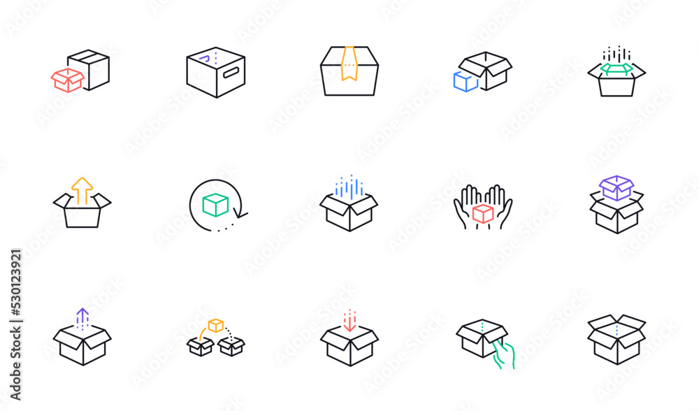 Box line icons. Package, delivery boxes, cargo box. Cargo distribution, export boxes, return parcel icons. Shipment of goods, open package. Linear set. Bicolor outline web elements. Vector