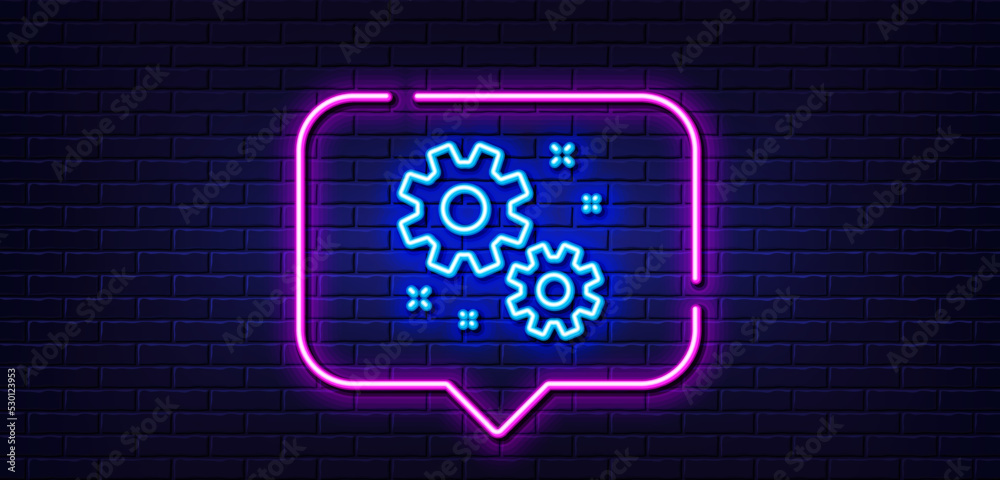 Neon light speech bubble. Work line icon. Business management sign. Cogwheel or gear symbol. Neon light background. Work glow line. Brick wall banner. Vector Neon light speech bubble. Work line icon. Business management sign. Cogwheel or gear symbol. Neon light background. Work glow line. Brick wall banner. Vector