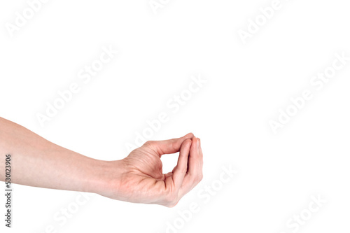 Realistic human hand showing italian gesture. White skin man arm isolated on transparent background