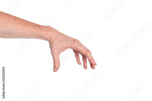 Realistic human hand showing gesture. White skin man arm isolated on transparent background. Hand fingers grabing something small