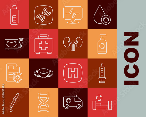 Set line Hospital bed, Syringe, Antibacterial soap, Heart rate, First aid kit, Ultrasound, Digital thermometer and Human kidneys icon. Vector