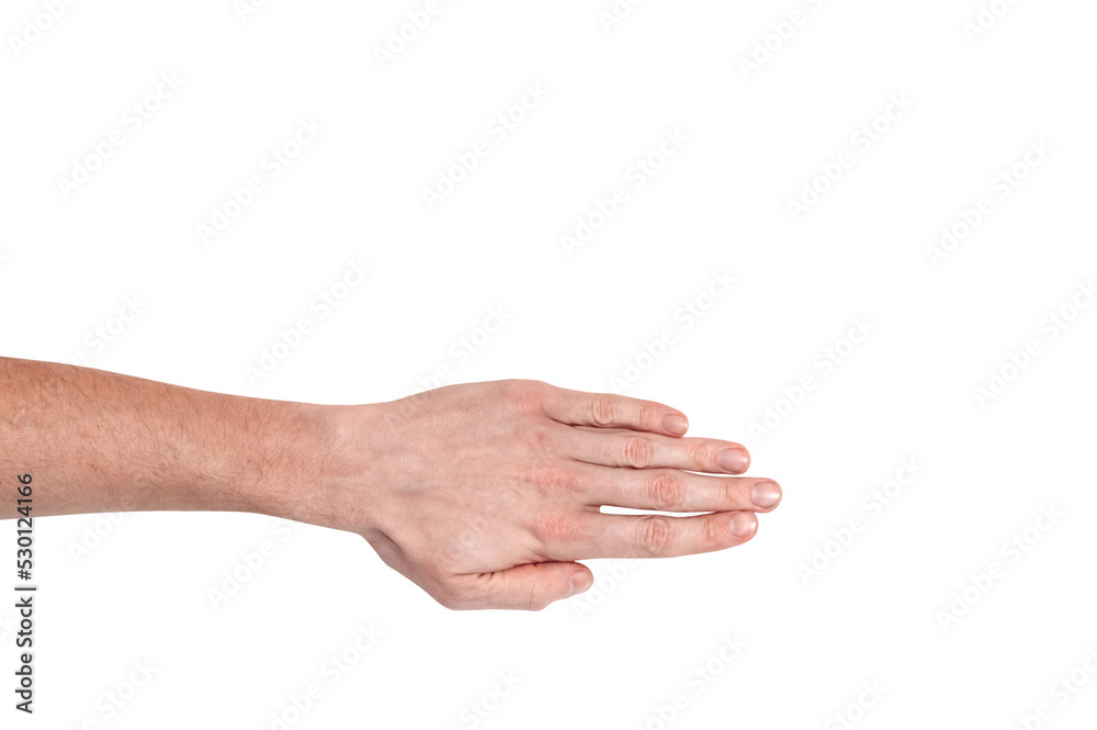 Realistic human hand showing gesture. White skin man arm isolated on transparent background. Straight fingers, top view arm