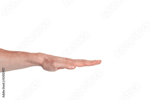 Realistic human hand showing gesture. White skin man arm isolated on transparent background. Straight fingers, side view arm