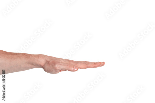 Realistic human hand showing gesture. White skin man arm isolated on transparent background. Straight fingers, side view arm © Katia