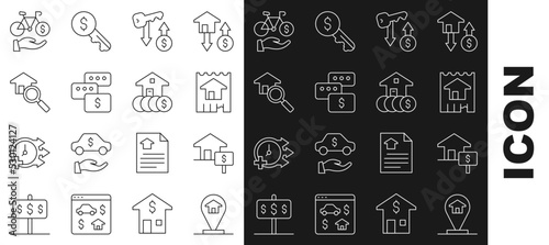 Set line Location house, House with dollar, Rent key, Price negotiation, Search, Bicycle rental mobile app and icon. Vector