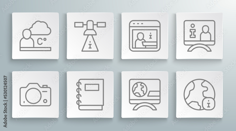 Set line Photo camera, Satellite, Notebook, Breaking news, World, Information, Television report and Weather forecast icon. Vector Set line Photo camera, Satellite, Notebook, Breaking news, World, Information, Television report and Weather forecast icon. Vector