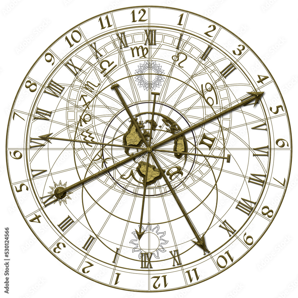 Metal astronomical clock on transparent background