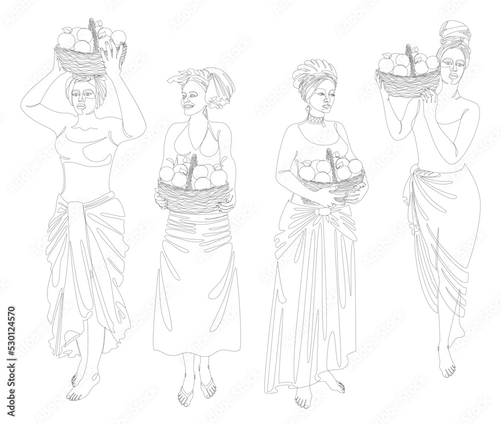 Collection. Silhouettes of a girl in a headscarf. The lady is holding a basket of oranges in her hands. Woman in modern one line style, outline. Vector illustration, set. Collection. Silhouettes of a girl in a headscarf. The lady is holding a basket of oranges in her hands. Woman in modern one line style, outline. Vector illustration, set.