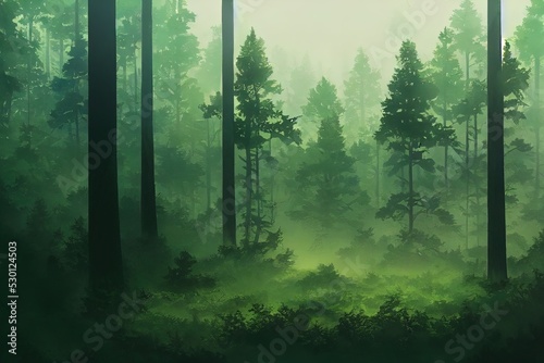 Calm peaceful forest. Beautiful green trees. Digital art.