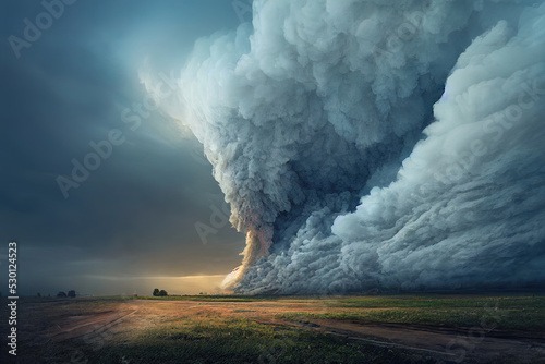Tornado. Digital art. Massive tornado, cyclone on land with huge clouds. Thunderstorm, post apocalyptic feeling. Art landscape of natural disaster. Fantasy wallpaper. photo