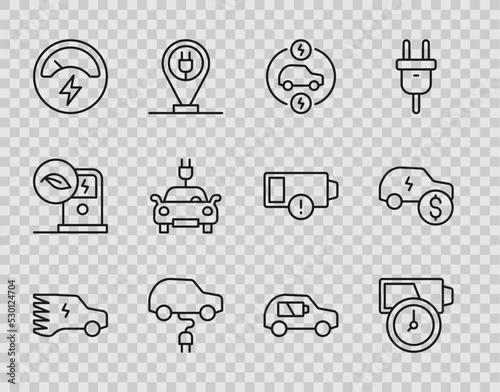 Set line Electric car, Battery charge, Voltmeter, and price icon. Vector