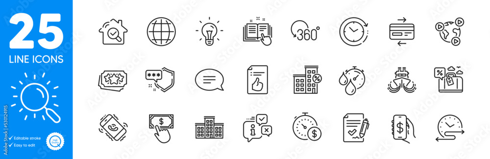 Outline icons set. Call center, Approved document and Loyalty points icons. Loan house, Money app, Full rotation web elements. Chat, Approved agreement, Technical documentation signs. Vector Outline icons set. Call center, Approved document and Loyalty points icons. Loan house, Money app, Full rotation web elements. Chat, Approved agreement, Technical documentation signs. Vector