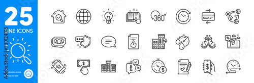 Outline icons set. Call center, Approved document and Loyalty points icons. Loan house, Money app, Full rotation web elements. Chat, Approved agreement, Technical documentation signs. Vector