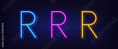 Initial letter R icon. Neon light line effect. Line typography character sign. Large first font letter. Glowing neon light element. Letter R glow 3d line. Brick wall banner. Vector
