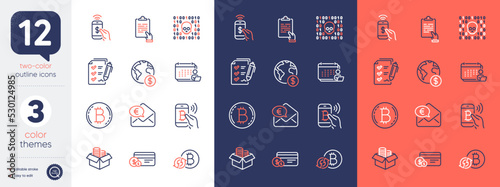 Set of Binary code, Payment method and Clipboard line icons. Include Money box, Bitcoin, Global business icons. Survey checklist, Phone payment, Bitcoin pay web elements. Accounting. Vector