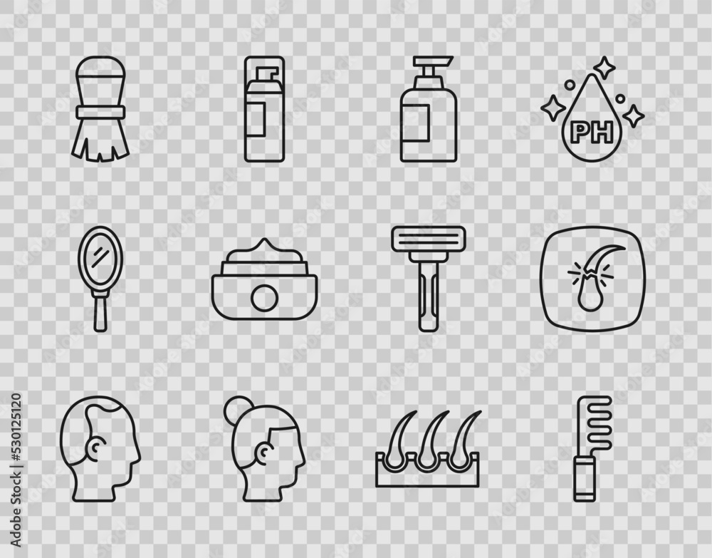 Set line Baldness, Hairbrush, Bottle of shampoo, Hairstyle for men, Shaving, Gel wax hair styling, Human follicle and Broken icon. Vector Set line Baldness, Hairbrush, Bottle of shampoo, Hairstyle for men, Shaving, Gel wax hair styling, Human follicle and Broken icon. Vector