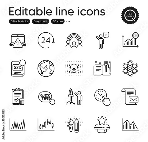 Set of Education outline icons. Contains icons as Line graph, Recipe book and Cyber attack elements. Time management, 5g statistics, Agent web signs. Quick tips, Recovery ssd. Vector