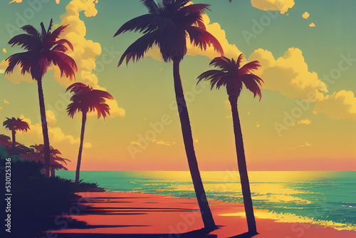 Tropical sunset. Digital art of sunset on the beach. Seaside, sea view of the sun with palm trees and a sandy beach. Colorful painting with red, orange clouds. Simple minimal art. Sunset illustration.