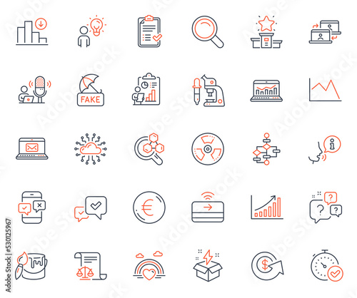 Education icons set. Included icon as Approve, Contactless payment and Dollar exchange web elements. Line chart, Decreasing graph, Fast verification icons. Creative idea, Fake news. Vector