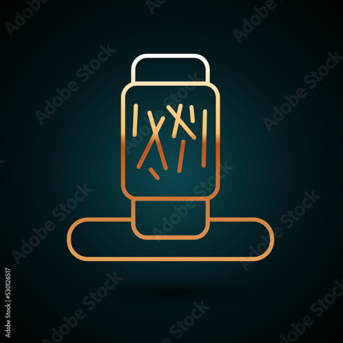 Gold line Cat scratching post with toy icon isolated on dark blue background. Vector