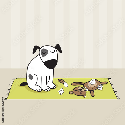 Dog playing with a soft toy and breaks it. vector art