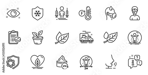 Outline set of Leaves, Social distance and Clean skin line icons for web application. Talk, information, delivery truck outline icon. Include Leaf, Health eye, Uv protection icons. Vector