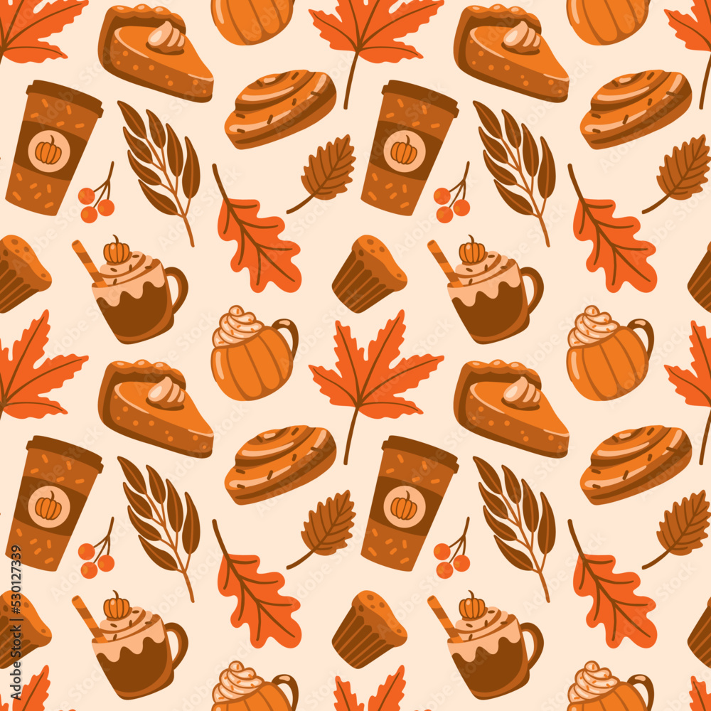Different types of coffee and pastry, autumn leaves. Autumn mood. Seamless pattern in orange colores. Vector