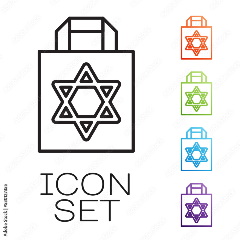 Black line Shopping bag with star of david icon isolated on white background. Package sign. Set icons colorful. Vector Black line Shopping bag with star of david icon isolated on white background. Package sign. Set icons colorful. Vector
