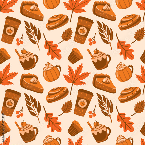 Different types of coffee and pastry, autumn leaves. Autumn mood. Seamless pattern in orange colores. Vector