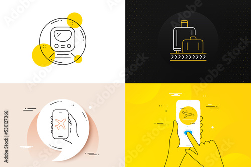 Minimal set of Arrivals plane, Metro and Flight mode line icons. Phone screen, Quote banners. Baggage reclaim icons. For web development. Airport transport, Transit journey, Smartphone app. Vector