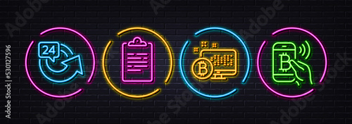 Bitcoin system, Clipboard and 24 hours minimal line icons. Neon laser 3d lights. Bitcoin pay icons. For web, application, printing. Cryptocurrency monitor, Survey document, Repeat. Vector