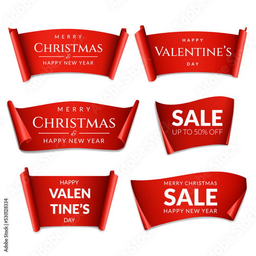 Set of red christmas and sale banners stickers, isolated on a white background.	
