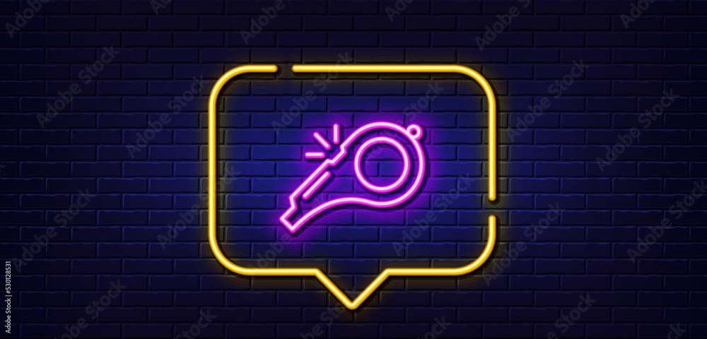 Neon light speech bubble. Whistle line icon. Kick-off sign. Referee tool symbol. Neon light background. Whistle glow line. Brick wall banner. Vector Neon light speech bubble. Whistle line icon. Kick-off sign. Referee tool symbol. Neon light background. Whistle glow line. Brick wall banner. Vector