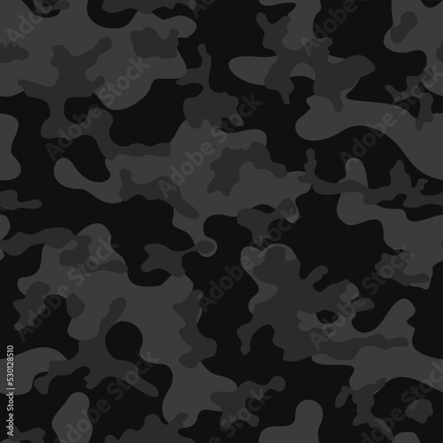  Dark camouflage pattern, night background, black seamless print.