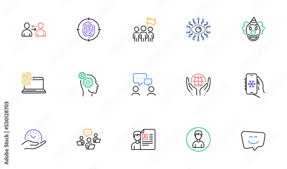 Communication, Computer fingerprint and Leadership line icons for website, printing. Collection of Smile face, Safe time, Fingerprint icons. Organic tested, Artificial intelligence. Vector