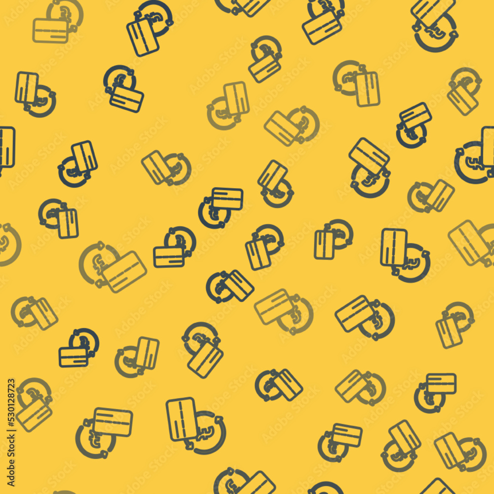 Blue line Credit card icon isolated seamless pattern on yellow background. Online payment. Cash withdrawal. Financial operations. Shopping sign. Vector