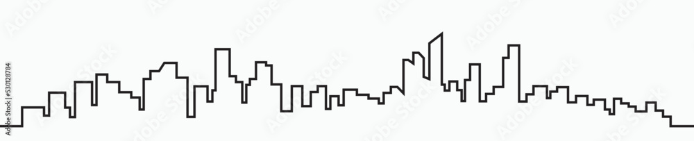 Modern City Skyline outline drawing on white background.