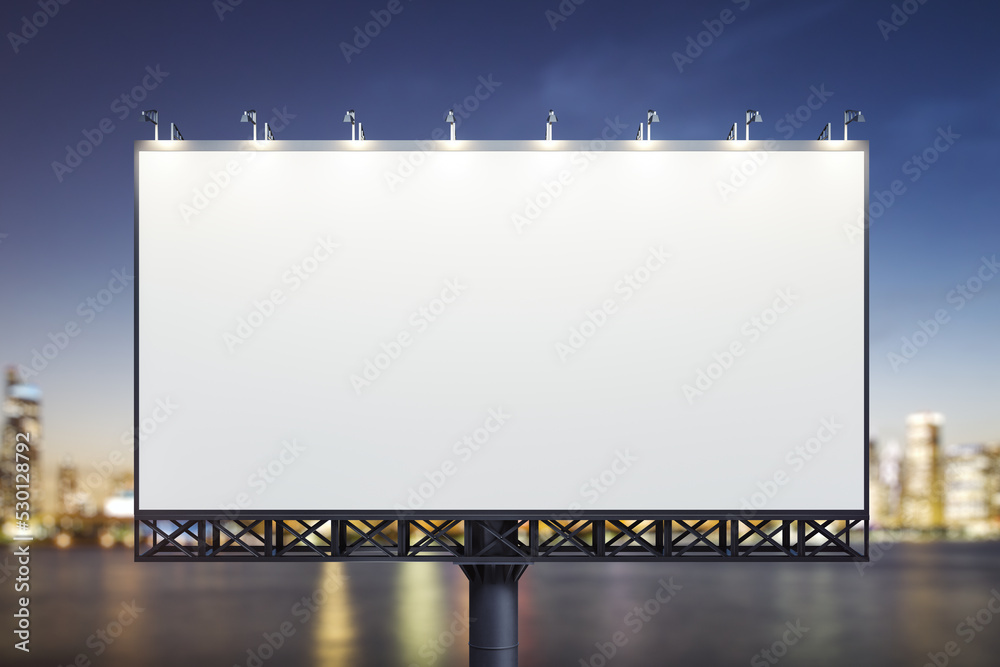 Blank white horizontal billboard on cityscape background at night, front view. Mockup, advertising concept Blank white horizontal billboard on cityscape background at night, front view. Mockup, advertising concept