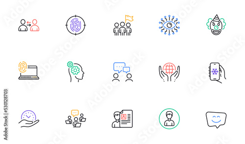Communication, Computer fingerprint and Leadership line icons for website, printing. Collection of Smile face, Safe time, Fingerprint icons. Organic tested, Artificial intelligence. Vector