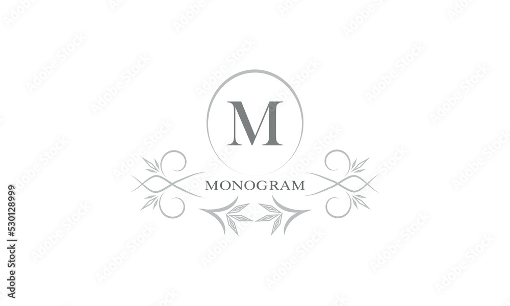Floral monogram template and letter M. Template for cards, invitations, menus, labels. Graphic design of pages, business signs, boutiques, cafes, hotels. Floral monogram template and letter M. Template for cards, invitations, menus, labels. Graphic design of pages, business signs, boutiques, cafes, hotels.