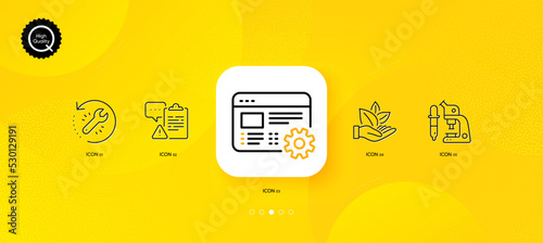 Web settings, Organic product and Clipboard minimal line icons. Yellow abstract background. Microscope, Recovery tool icons. For web, application, printing. Vector
