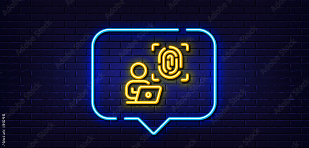 Neon light speech bubble. Computer fingerprint line icon. Finger print scan sign. Biometric identity symbol. Neon light background. Computer fingerprint glow line. Brick wall banner. Vector Neon light speech bubble. Computer fingerprint line icon. Finger print scan sign. Biometric identity symbol. Neon light background. Computer fingerprint glow line. Brick wall banner. Vector