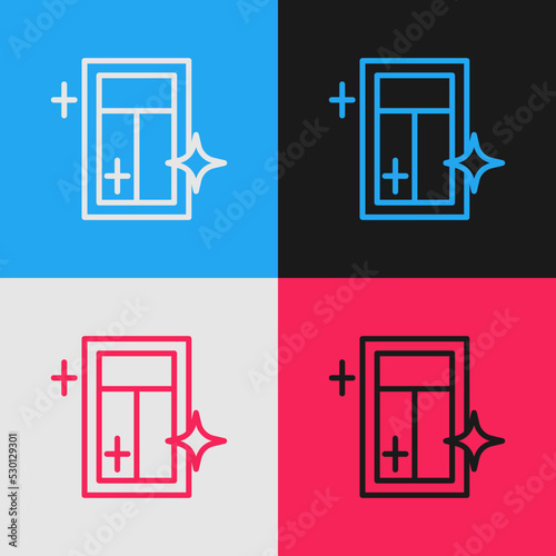 Pop art line Cleaning service for window icon isolated on color background. Squeegee, scraper, wiper. Vector