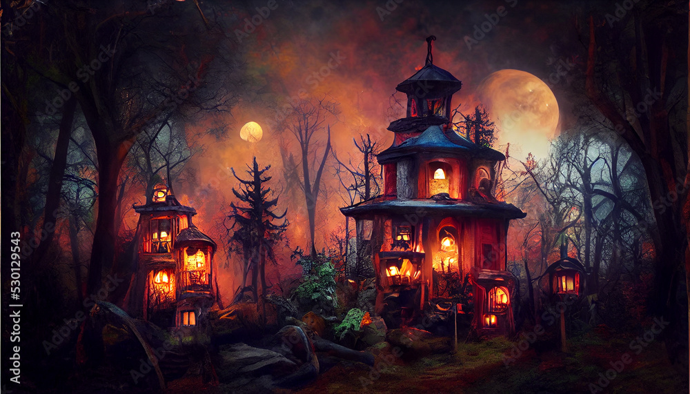 Digital art of a haunted house in a foggy forest at Halloween.