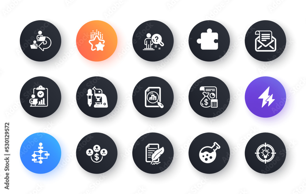 Minimal set of Microscope, Search employee and Delegate work flat icons for web development. Electricity, Inspect, Puzzle icons. Mail newsletter, Analytics graph, Buying currency web elements. Vector Minimal set of Microscope, Search employee and Delegate work flat icons for web development. Electricity, Inspect, Puzzle icons. Mail newsletter, Analytics graph, Buying currency web elements. Vector