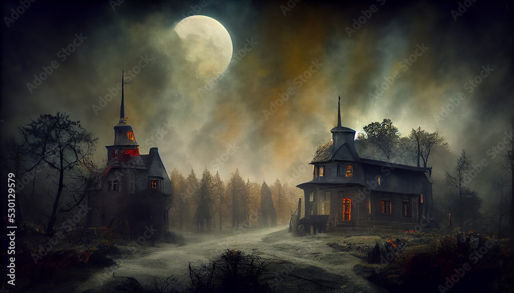 Digital art of a haunted house in a foggy forest at Halloween. - obrazy, fototapety, plakaty 
