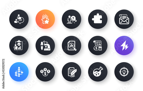 Minimal set of Microscope, Search employee and Delegate work flat icons for web development. Electricity, Inspect, Puzzle icons. Mail newsletter, Analytics graph, Buying currency web elements. Vector