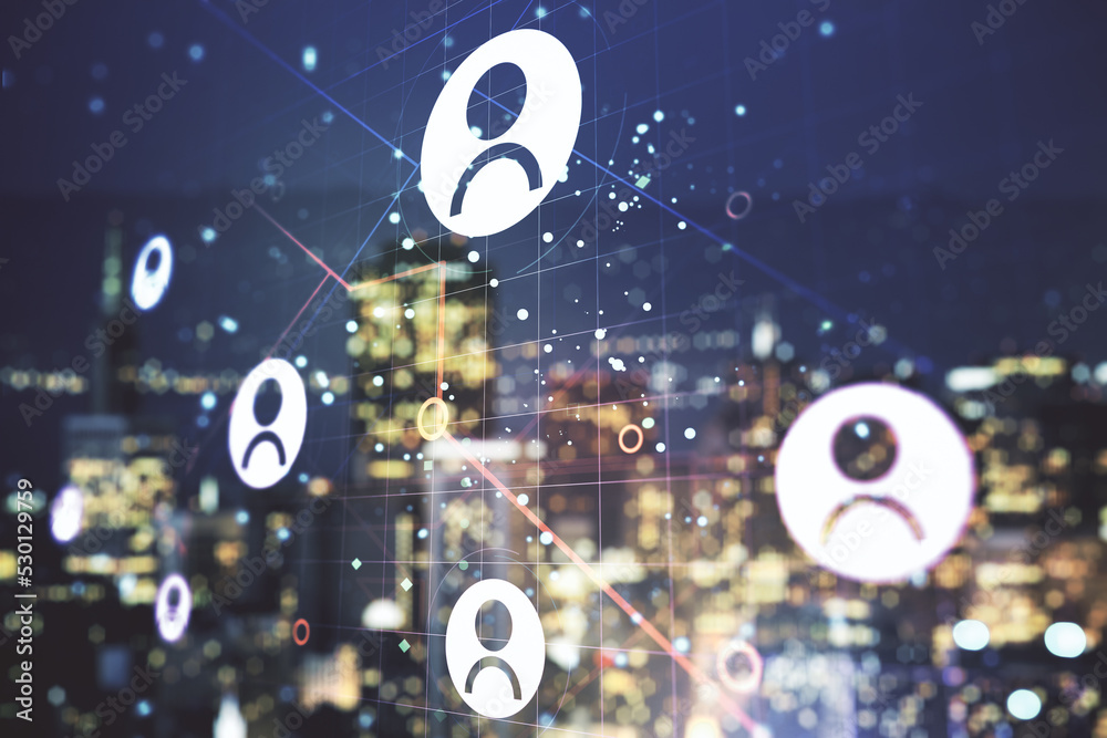 Fototapeta premium Double exposure of social network icons hologram on blurry office buildings background. Networking concept
