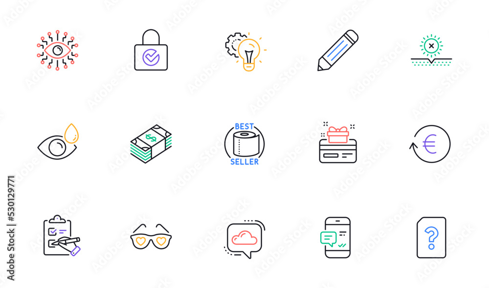 Password encryption, Unknown file and Artificial intelligence line icons for website, printing. Collection of Idea gear, No sun, Toilet paper icons. Exchange currency, Eye drops. Vector Password encryption, Unknown file and Artificial intelligence line icons for website, printing. Collection of Idea gear, No sun, Toilet paper icons. Exchange currency, Eye drops. Vector