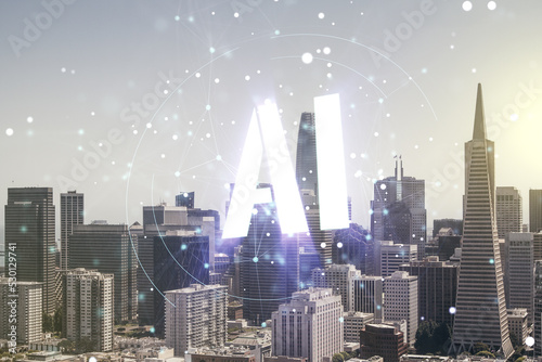 Abstract virtual artificial Intelligence symbol hologram on San Francisco skyline background. Multiexposure